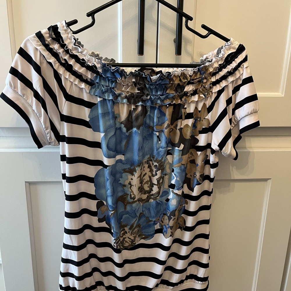 Express Black and White Striped Top with Blue Floral Design